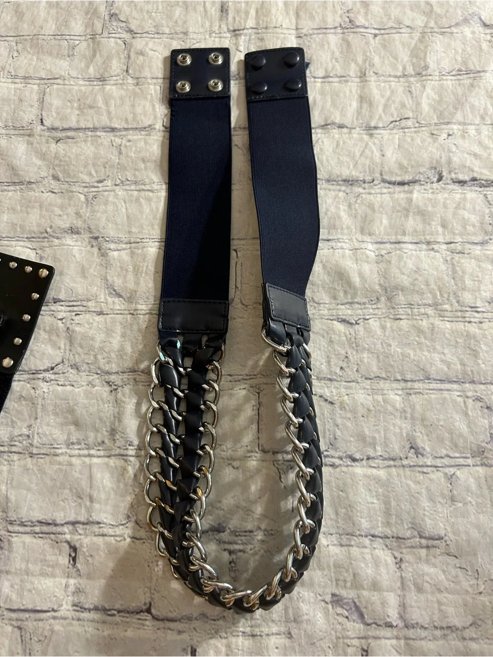 LOT OF (2) BLACK WITH SILVER TONE HARDWARE BIKER STRETCH WIDE BELTS SIZE LARGE